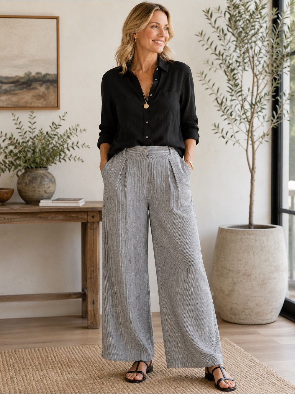 Max Studio XL Linen Blend Cropped Wide Leg Pants Black White Pinstripe